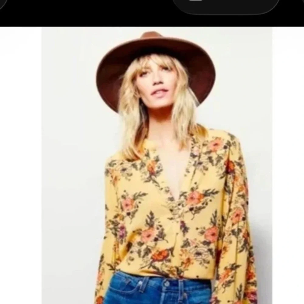 Free‎ People Marigold Yellow Floral Bell Sleeve Henley Tunic Blouse Top Womens M